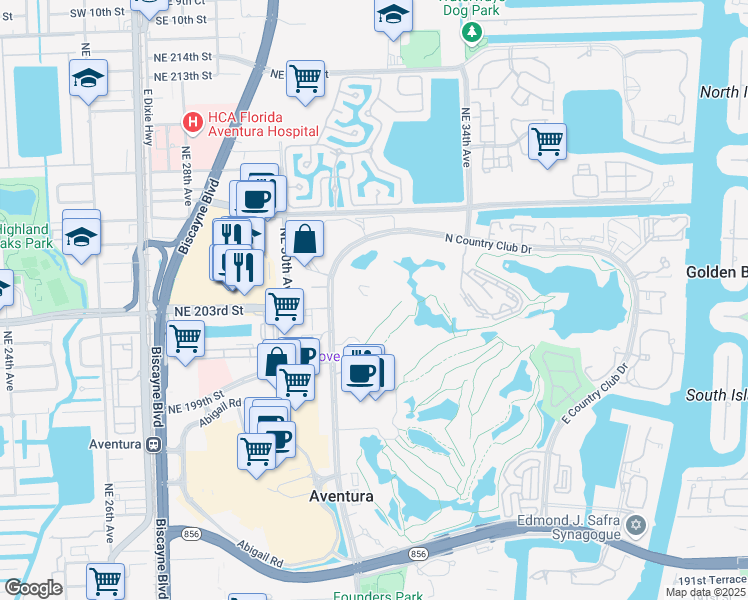 map of restaurants, bars, coffee shops, grocery stores, and more near 20301 West Country Club Drive in Aventura