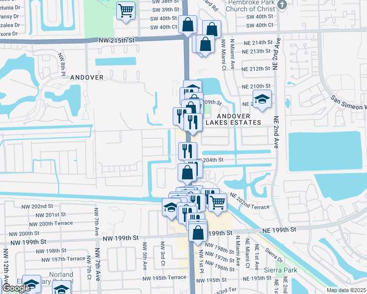 map of restaurants, bars, coffee shops, grocery stores, and more near 20441 Northwest 2nd Court in Miami