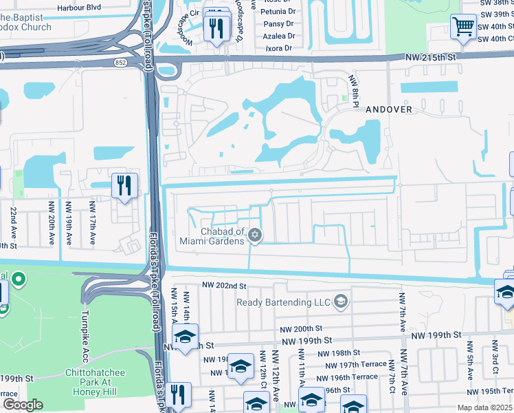 map of restaurants, bars, coffee shops, grocery stores, and more near 20590 Northwest 12th Court in Miami