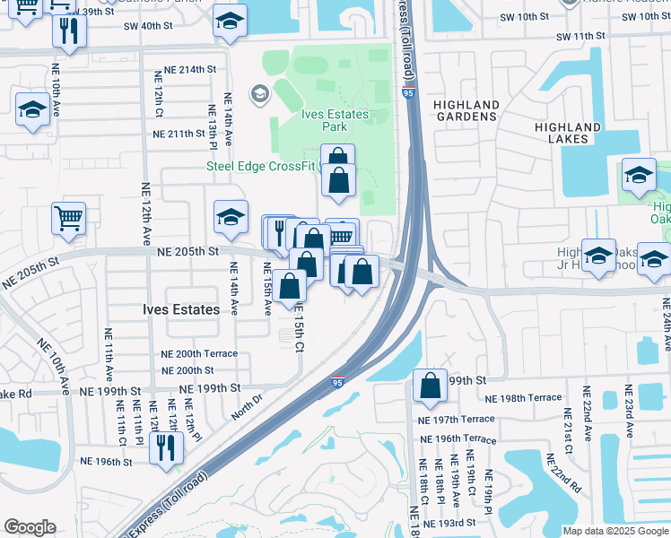 map of restaurants, bars, coffee shops, grocery stores, and more near 20338 Northeast 16th Place in Miami