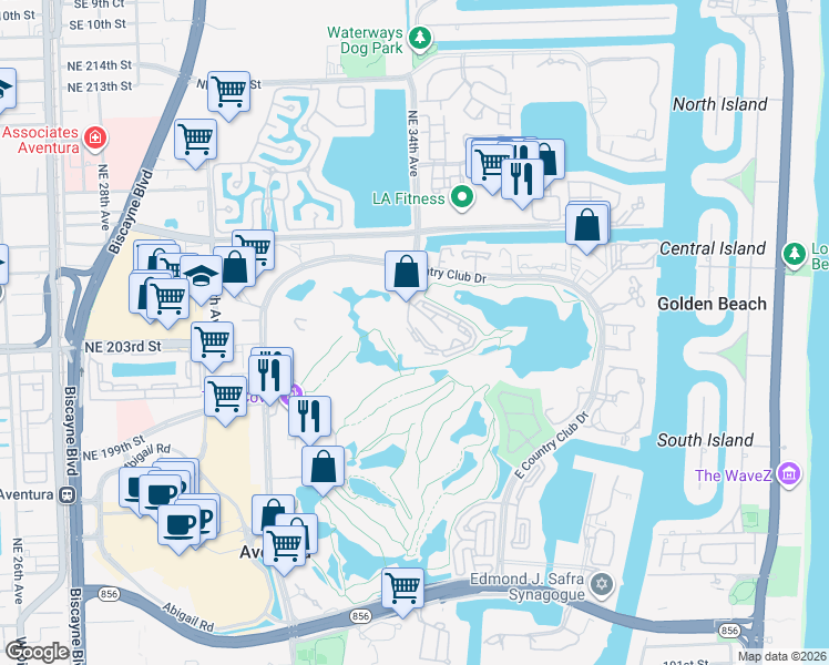 map of restaurants, bars, coffee shops, grocery stores, and more near 20418 Northeast 34th Avenue in Aventura