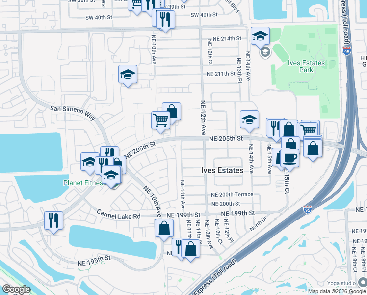 map of restaurants, bars, coffee shops, grocery stores, and more near 1141 Northeast 204th Street in Miami