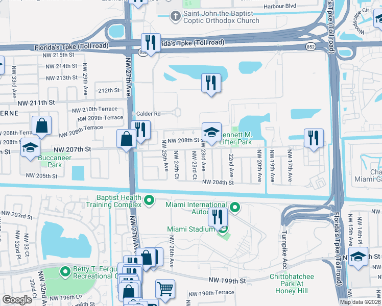 map of restaurants, bars, coffee shops, grocery stores, and more near 20531 Northwest 23rd Court in Miami Gardens