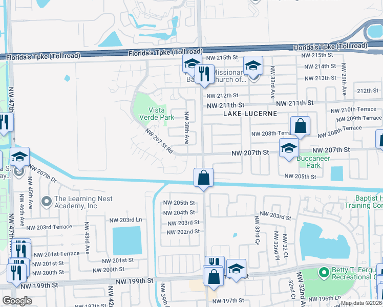 map of restaurants, bars, coffee shops, grocery stores, and more near 20645 Northwest 38th Avenue in Miami Gardens