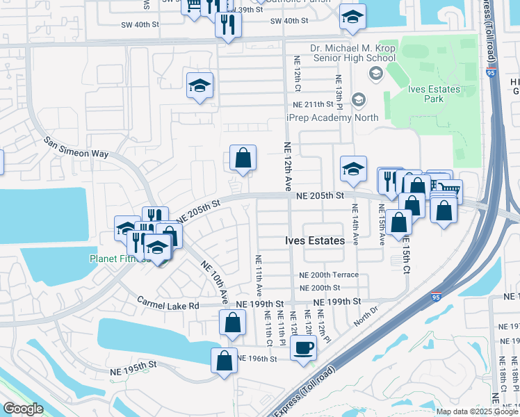 map of restaurants, bars, coffee shops, grocery stores, and more near 1141 Northeast 204th Street in Miami
