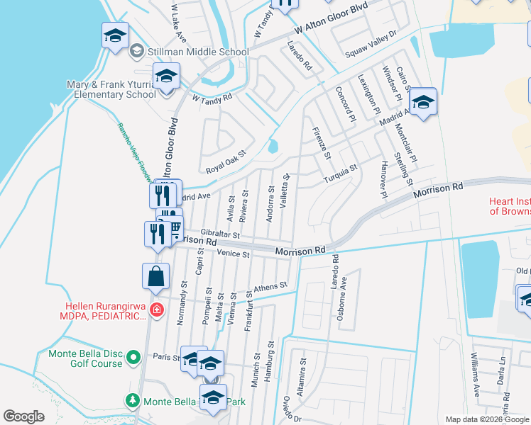 map of restaurants, bars, coffee shops, grocery stores, and more near 2915 Andorra St in Brownsville