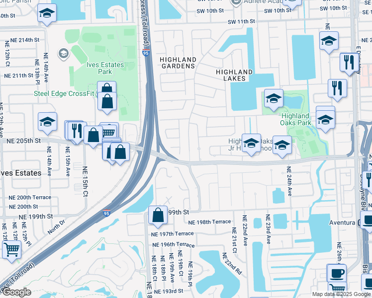 map of restaurants, bars, coffee shops, grocery stores, and more near 20305 Northeast 19th Court in Miami
