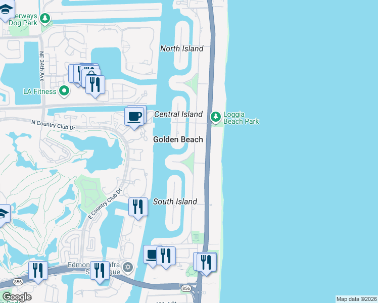 map of restaurants, bars, coffee shops, grocery stores, and more near 299 Golden Beach Drive in Golden Beach