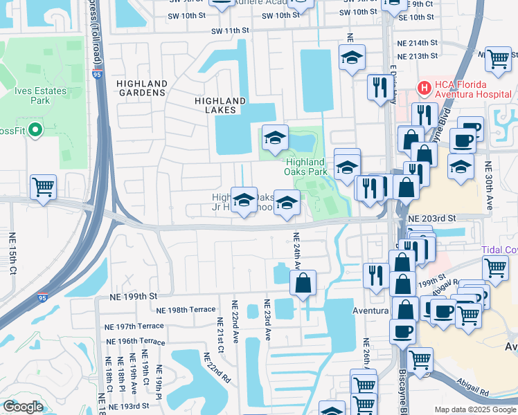 map of restaurants, bars, coffee shops, grocery stores, and more near 20355 Northeast 22nd Place in Miami
