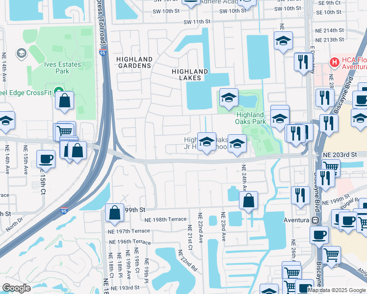 map of restaurants, bars, coffee shops, grocery stores, and more near 2130 Northeast 203rd Terrace in Miami