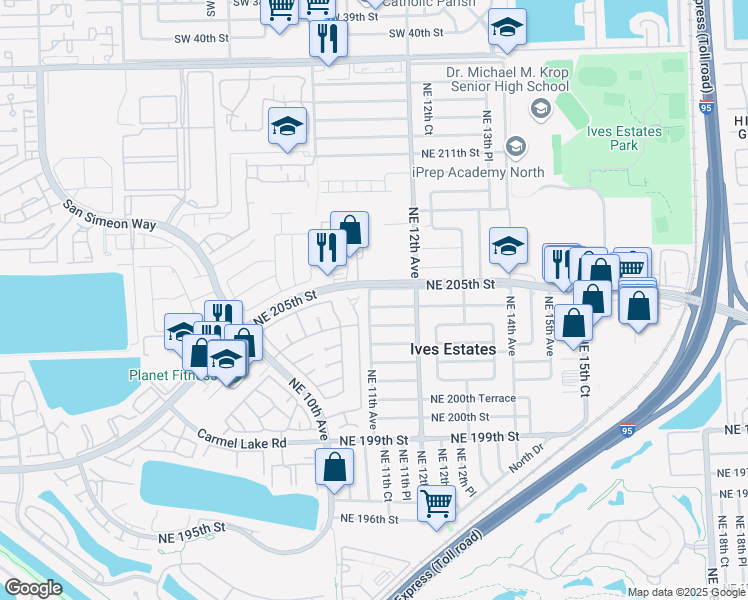 map of restaurants, bars, coffee shops, grocery stores, and more near 1141 Northeast 204th Street in Miami