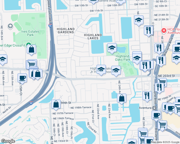 map of restaurants, bars, coffee shops, grocery stores, and more near 2130 Northeast 203rd Terrace in Miami