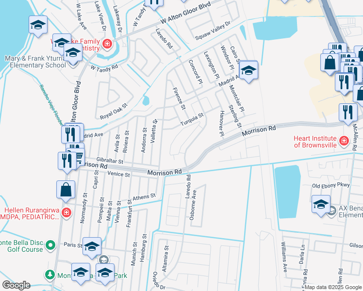 map of restaurants, bars, coffee shops, grocery stores, and more near 2327 Athens Street in Brownsville