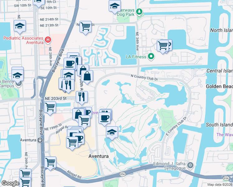 map of restaurants, bars, coffee shops, grocery stores, and more near 20100-20418 Northeast 34th Avenue in Aventura