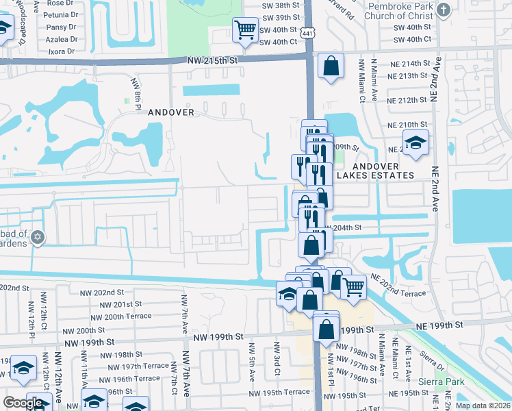map of restaurants, bars, coffee shops, grocery stores, and more near 351 Northwest 204th Terrace in Miami