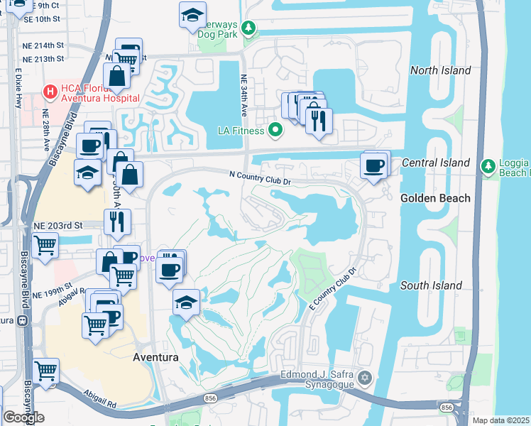 map of restaurants, bars, coffee shops, grocery stores, and more near 20355 Northeast 34th Court in Aventura