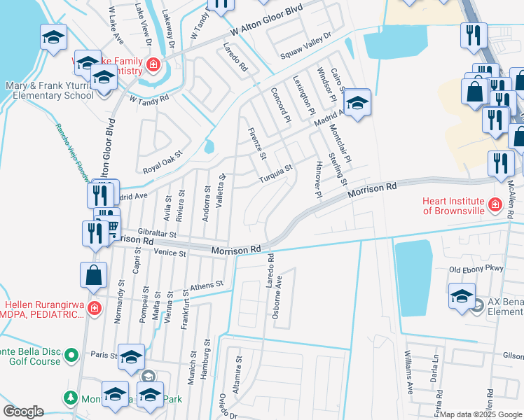 map of restaurants, bars, coffee shops, grocery stores, and more near 3224 Turquia Street in Brownsville