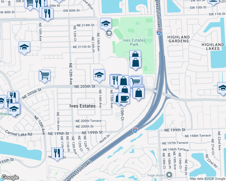 map of restaurants, bars, coffee shops, grocery stores, and more near 1511 Northeast 205th Terrace in Miami
