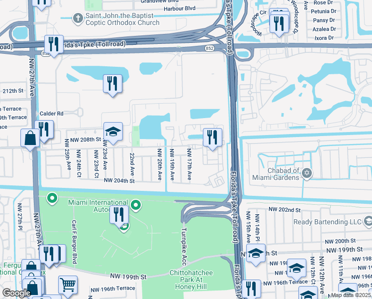 map of restaurants, bars, coffee shops, grocery stores, and more near 1702 Northwest 207th Street in Miami Gardens