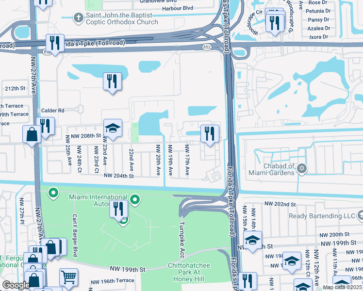 map of restaurants, bars, coffee shops, grocery stores, and more near 1702 Northwest 207th Street in Miami Gardens