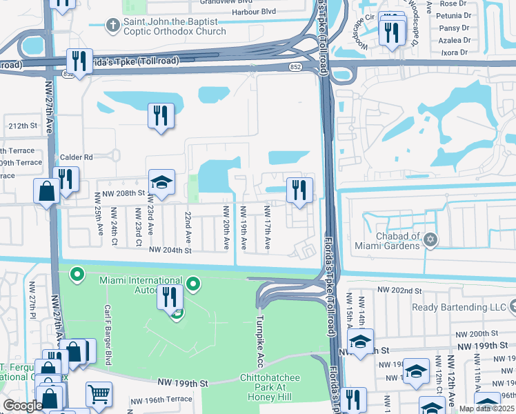 map of restaurants, bars, coffee shops, grocery stores, and more near 1702 Northwest 207th Street in Miami Gardens