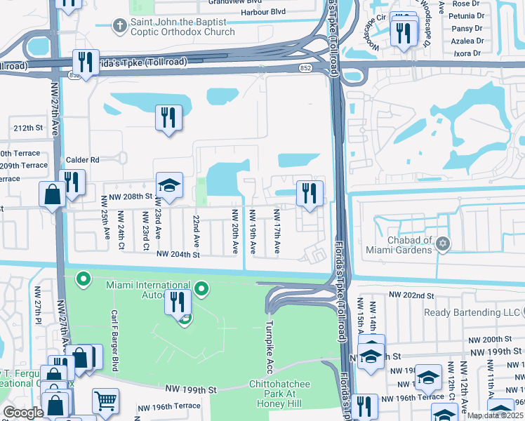 map of restaurants, bars, coffee shops, grocery stores, and more near 1702 Northwest 207th Street in Miami Gardens