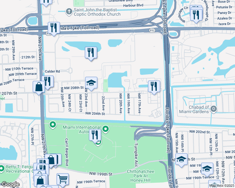 map of restaurants, bars, coffee shops, grocery stores, and more near 2051 Northwest 207th Street in Miami Gardens