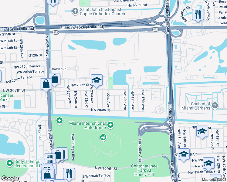 map of restaurants, bars, coffee shops, grocery stores, and more near 20775 Northwest 22nd Avenue in Miami Gardens