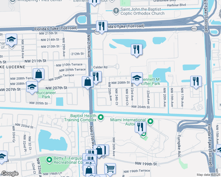 map of restaurants, bars, coffee shops, grocery stores, and more near 20730 Northwest 25th Avenue in Miami Gardens