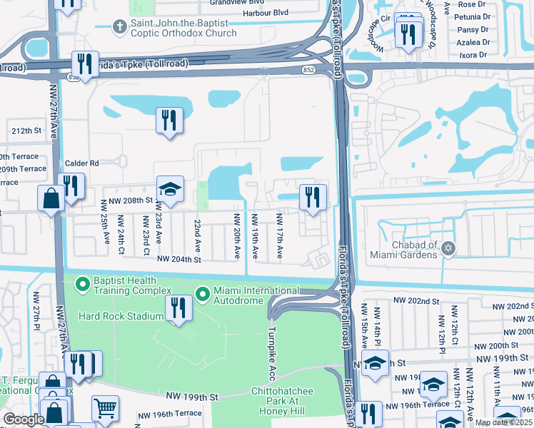 map of restaurants, bars, coffee shops, grocery stores, and more near 1702 Northwest 207th Street in Miami Gardens