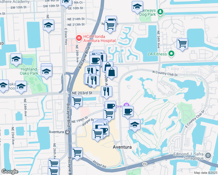 map of restaurants, bars, coffee shops, grocery stores, and more near 20301 Northeast 30th Avenue in Aventura