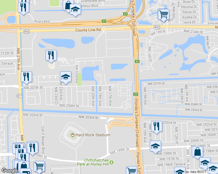 map of restaurants, bars, coffee shops, grocery stores, and more near 1702 Northwest 207th Street in Miami Gardens