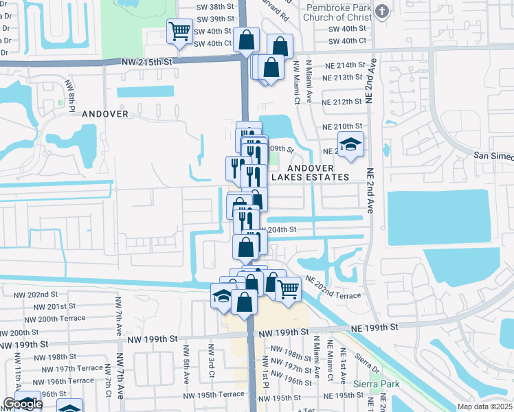 map of restaurants, bars, coffee shops, grocery stores, and more near 20650 Northwest 1st Court in Miami