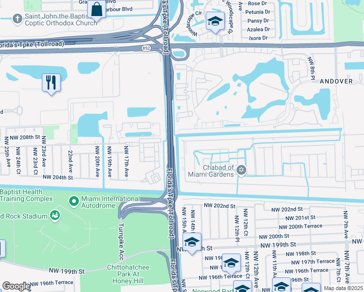 map of restaurants, bars, coffee shops, grocery stores, and more near 1503 Northwest 207th Street in Miami Gardens