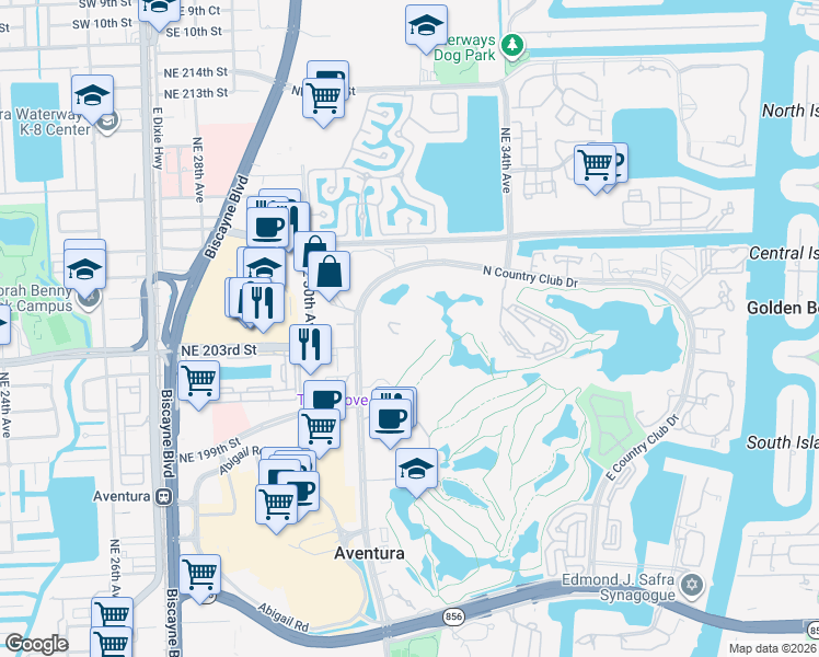 map of restaurants, bars, coffee shops, grocery stores, and more near 20301 West Country Club Drive in Aventura