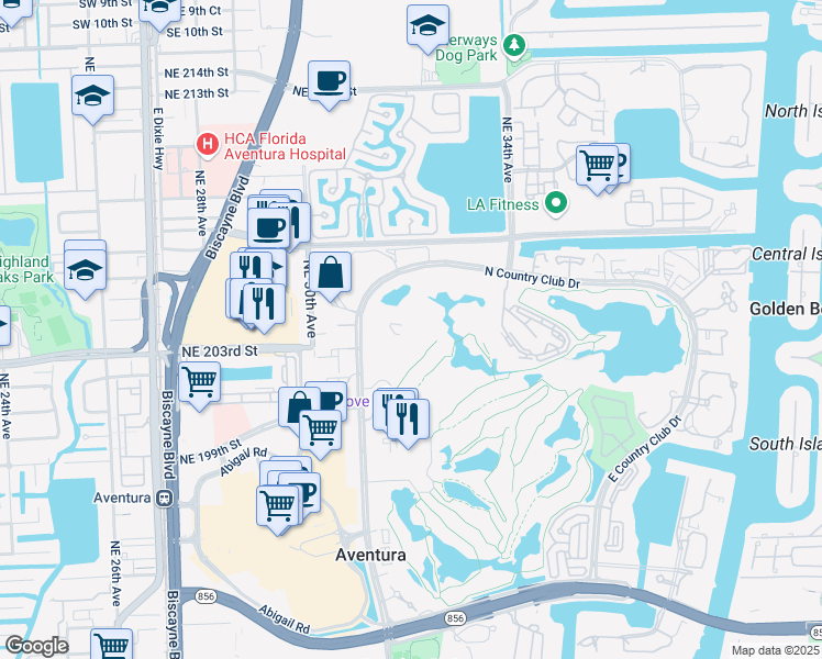map of restaurants, bars, coffee shops, grocery stores, and more near 20301 West Country Club Drive in Aventura