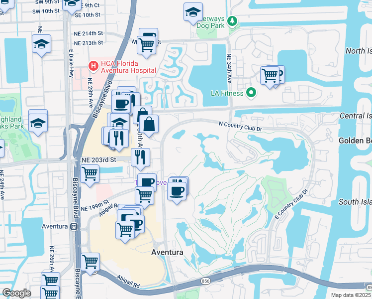 map of restaurants, bars, coffee shops, grocery stores, and more near 20301 West Country Club Drive in Aventura