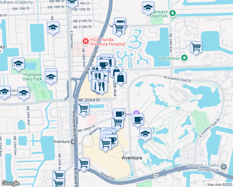 map of restaurants, bars, coffee shops, grocery stores, and more near 20400 Northeast 30th Avenue in Aventura