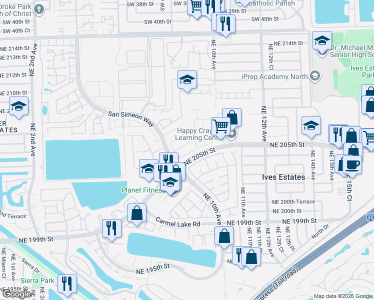 map of restaurants, bars, coffee shops, grocery stores, and more near 855 Northeast 205th Terrace in Miami
