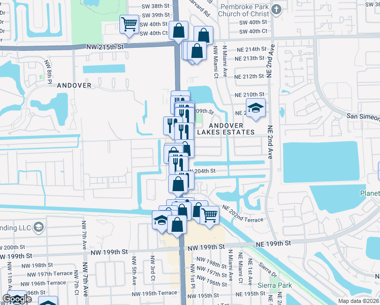 map of restaurants, bars, coffee shops, grocery stores, and more near 20650 Northwest 1st Court in Miami