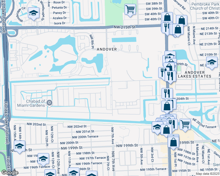 map of restaurants, bars, coffee shops, grocery stores, and more near Northwest 207th Street in Miami Gardens