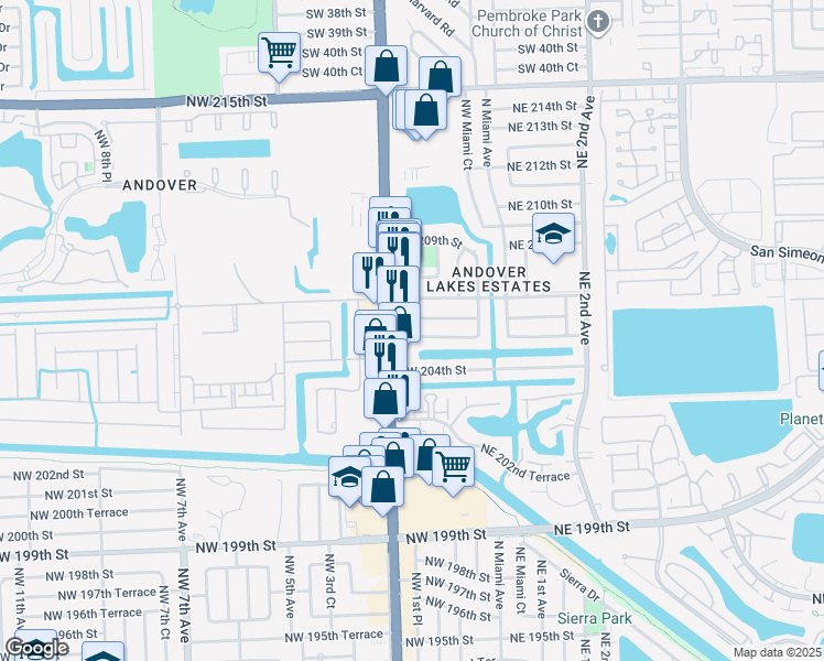 map of restaurants, bars, coffee shops, grocery stores, and more near 20650 Northwest 1st Court in Miami