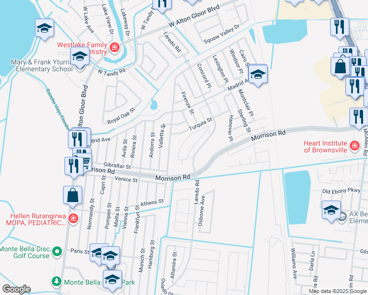 map of restaurants, bars, coffee shops, grocery stores, and more near 3224 Turquia Street in Brownsville
