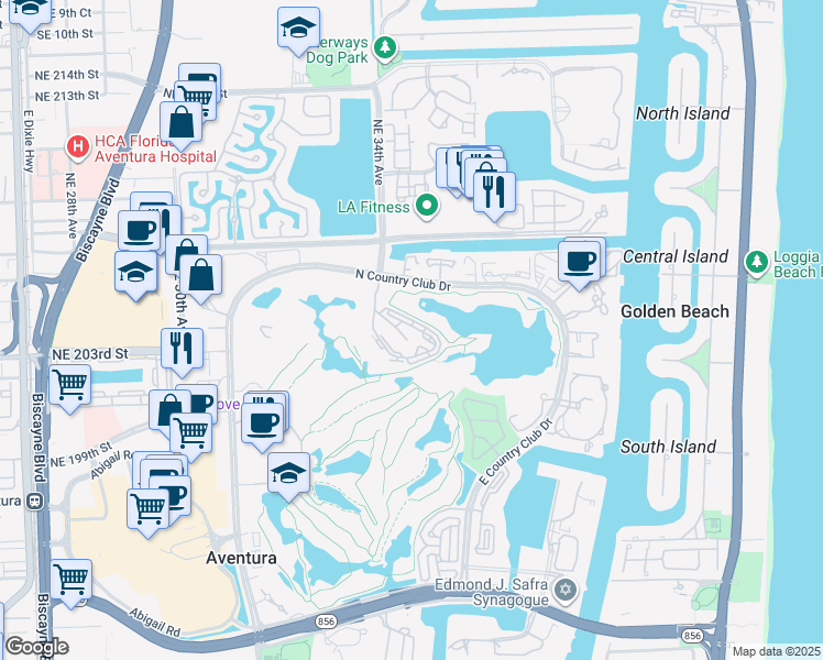 map of restaurants, bars, coffee shops, grocery stores, and more near 20355 Northeast 34th Court in Aventura