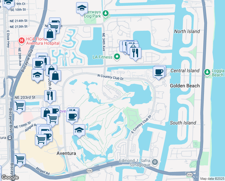 map of restaurants, bars, coffee shops, grocery stores, and more near 20355 Northeast 34th Court in Aventura