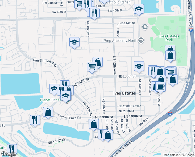 map of restaurants, bars, coffee shops, grocery stores, and more near 1041 Ives Dairy Road in Miami