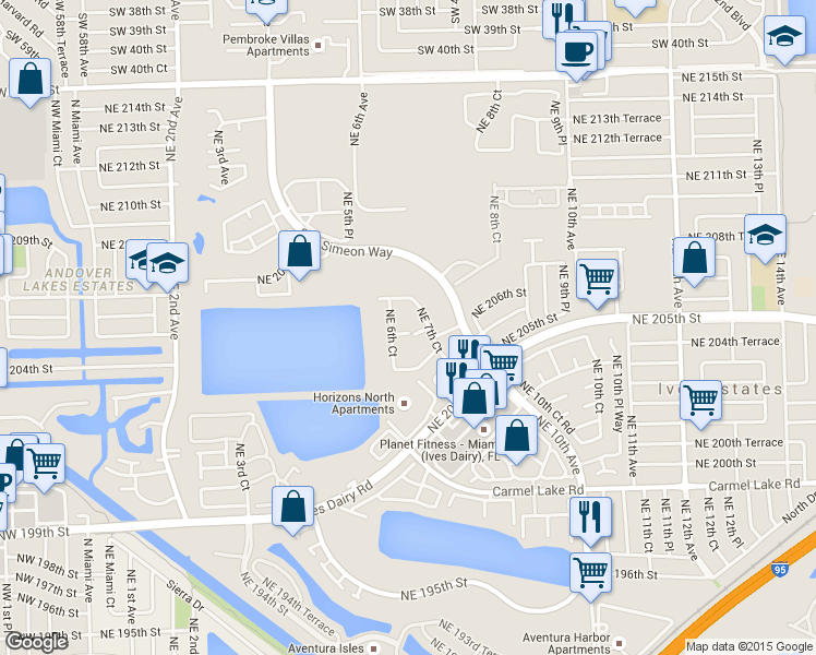 map of restaurants, bars, coffee shops, grocery stores, and more near 20569 Northeast 6th Court in Miami