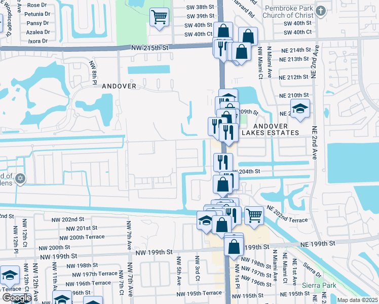map of restaurants, bars, coffee shops, grocery stores, and more near 351 Northwest 206th Terrace in Miami