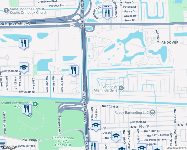 map of restaurants, bars, coffee shops, grocery stores, and more near 1461 Northwest 207th Street in Miami