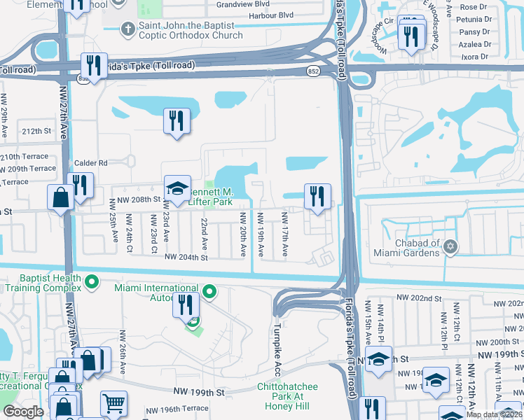 map of restaurants, bars, coffee shops, grocery stores, and more near 1901 Northwest 207th Street in Miami Gardens